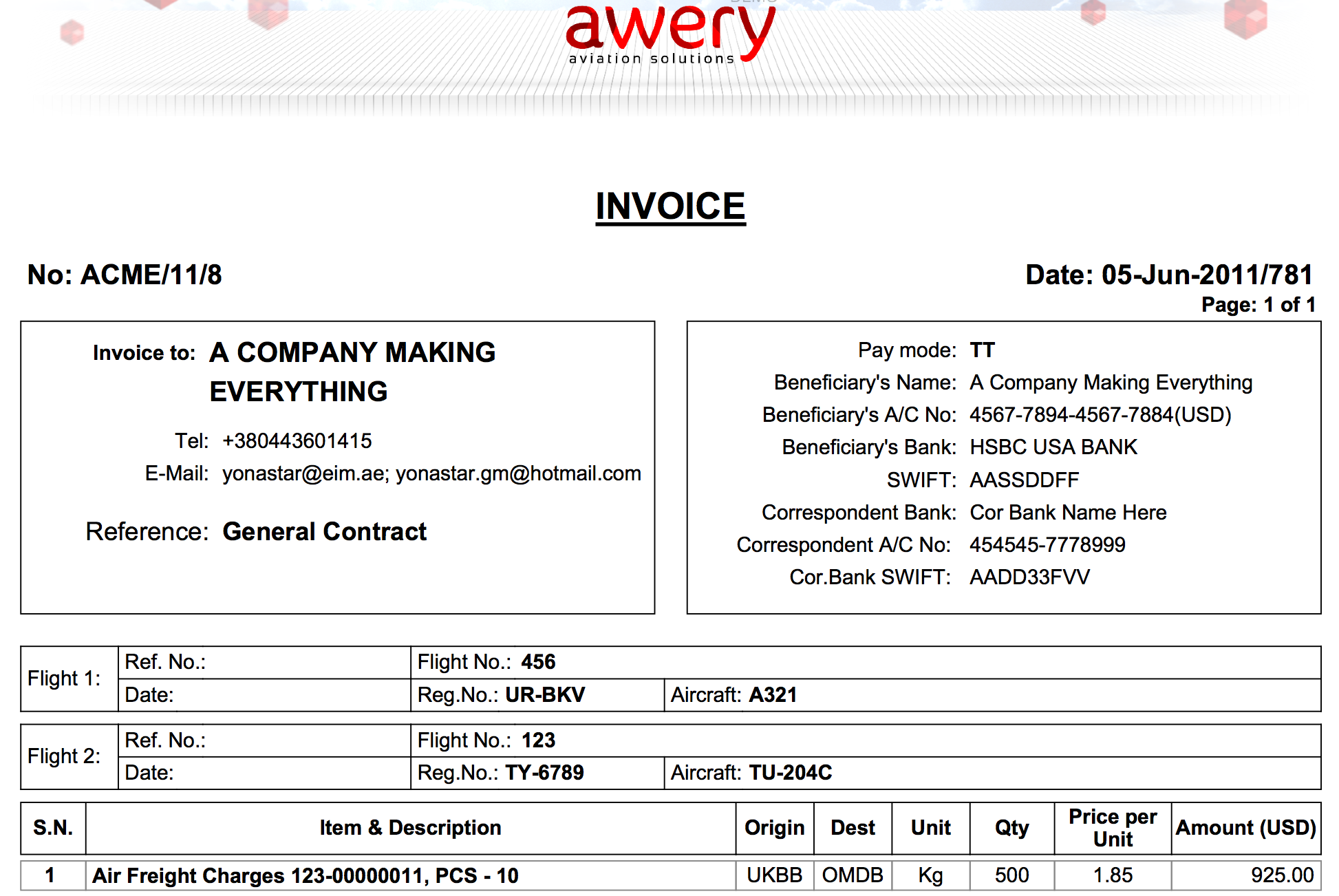 Customizable invoice print out